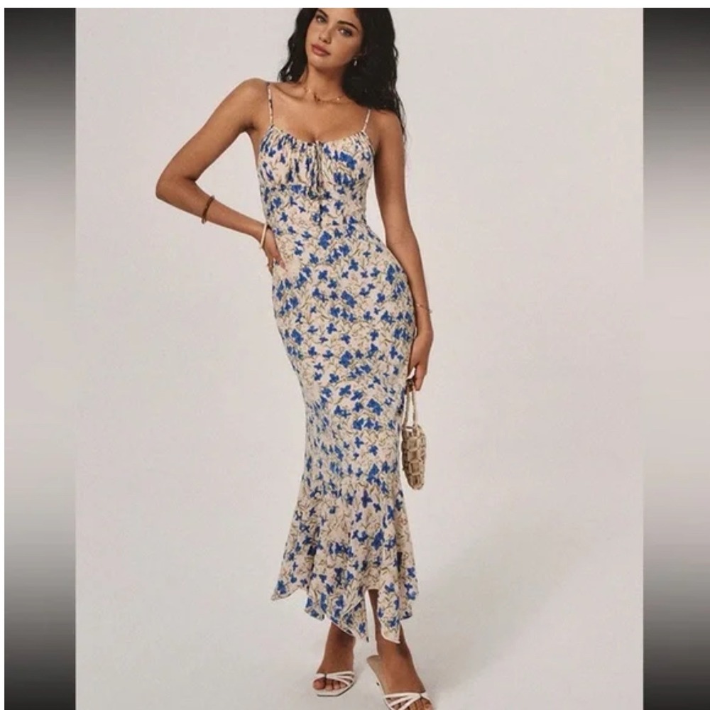 Commense Cream Midi Dress with Blue Floral Print